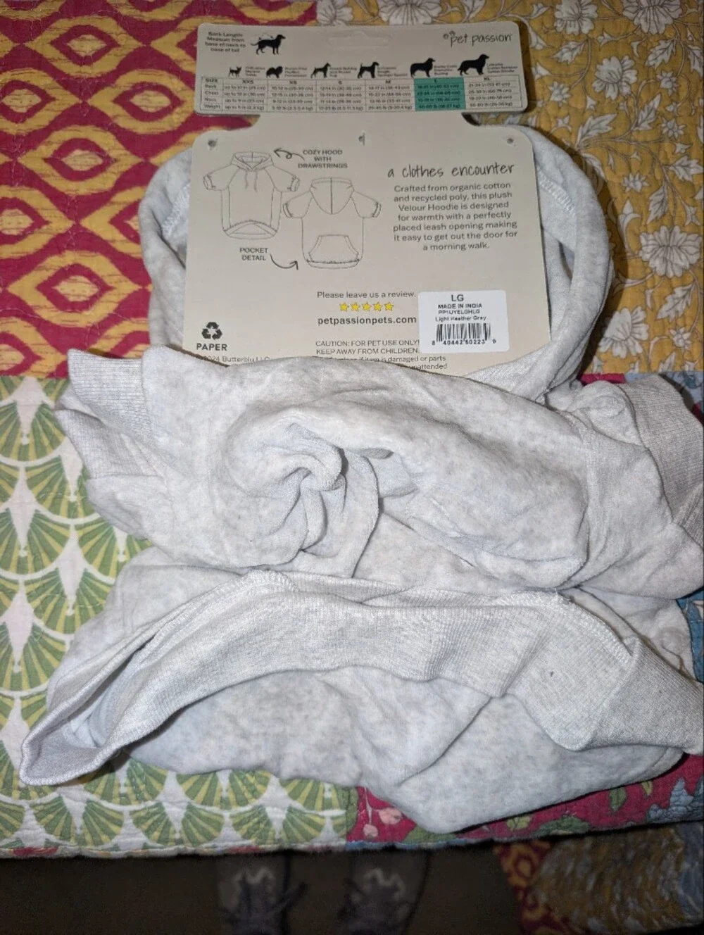 Pet Passion Organic Cotton Large Pet Hoodie -NIB
